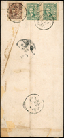 1948年杭州寄台北航空中式封,背貼國父像上海大東三版4萬元2枚.3萬元1枚,共計國幣11萬元,銷浙江杭州卅七.十月八日,台北到戳不清 註:符合1948.8.21-1948.11.5國內信函1.5萬+航空9.5萬=11萬(Page 139)
