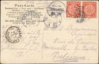 1907年北京近郊佛寺風景片,貼蟠龍2分2枚,銷『由北京至塘沽/第一/郵政信車』火車戳,經塘沽26.SEP.07漢英小圓戳,上海漢英小圓中轉,交上海法國客郵局,寄比利時CHARLEROY 23.OCT.07到戳,票上另銷圓形信差戳(Page 7)