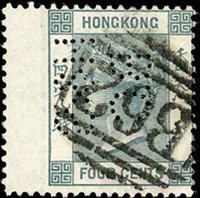 香港維多利亞女皇4先時針孔防盜票,帶左過橋邊紙,左邊漏齒變體,銷B62殺手戳,VF-F(Page 13)