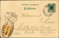 德國加蓋China客郵片並加貼蟠龍1分1枚,銷17/3.09青島德國客郵戳及17.MAR.1909膠州郵政局橢圓戳,德國LICHTENTHAL 28.4.09到戳 源流:郵史研究第28期『膠州郵史續探』第20頁原件,2011.4海峽兩岸郵史研究會出版(Page 15)