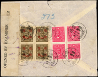 1940年代昆明寄美國航空檢查封,背貼國父像中信版『改作伍角』4方連.國父像中信版5元4枚,銷雲南昆明(投)X.5.17戳,封口貼有檢查封條銷英軍八角形檢查章及DHA/66章(Page 45)