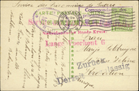 韓目#12.一版帆船1分郵資片,銷戰時俘虜郵件戳及西苑收容所檢查訖戳寄德國,有德國1919.4.8落地戳,張愷升舊藏,罕見 註:中國郵戳史第十冊第139頁原件(Page 49)