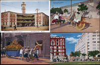 上海彩色風景片8片,含:市政府警察局,上海神社,黃浦江夕照,虹口消防署,國泰旅館,一輪車,支那人葬儀棺,蘇州河畔郵政局(Page 49)