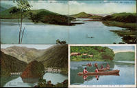 日治時期日月潭彩色片6片(含一件雙連片),計有:水色日月潭,獨木舟,四手網,堤堰取水口,發電工事,日月潭全景,保存佳(Page 60)