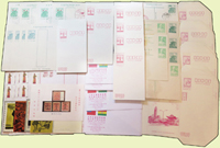 台灣郵品:(1)1998年十竹齋書畫4元國內郵簡100張,未使用,前第1張微沾污,VF-F;(2)1991燈塔2.5元郵資片100片,未使用;(3)蔣像2角郵資片4片,未使用,片沾污或揭薄,品次;(4)一.二版莒光樓2角郵資片未使用7片,4角片銷癸戳1片,加蓋軍郵銷癸戳8片;(5)1960年世界難民年圖片明信片4片不同,格式面均貼4角票1枚銷台中49.4.7首日戳,旁銷紀戳,片微斑點;另張敏生贈紅印花四寶圖片明信片,格式面貼中山樓5分票1枚銷紀戳;(6)標準信封貼中華傳統服飾(77年版)2元2枚.中正紀念堂5角1枚,未使用5封;貼中正紀念堂5角2枚未使用2封,貼中正紀念堂5角1枚未使用2封;(7)1996年玻利維亞展出紀念外展封10封,未使用