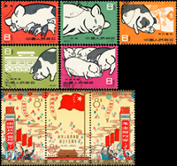 新中國蓋銷票二套:(1)特40.養豬5全,原膠均勻黃,VF-F;(2)紀106.中華人民共和國成立十五週年3全,原膠均勻黃,正面金色微氧化,VF-F(Page 131)