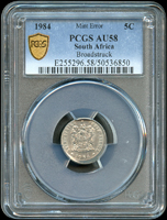 南非(South Africa)1984年5C鎳幣,正背圖均小移位變體,PCGS AU58 金盾(Page 32)