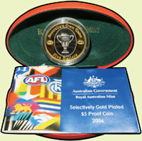 澳洲(Australian)2004年5元橄欖球(AFL)銅鎳幣,背面局部鍍金,重26.7克,原盒裝.證書,Proof(Page 33)