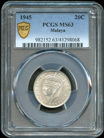 馬來亞(Malaya)1945年20 CENTS銀幣,稀年,PCGS MS63 金盾(Page 34)