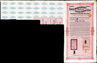 1907年滬寧鐵路黃金貸款債券 £100英鎊(28.6*57cm),有水印,含部份息票,右上角鉛筆寫字,中央少許墨痕,對折,80新 註:1903年中國鐵路總公司與中英銀公司簽訂了《滬寧鐵路借款合同》;1904年發行的第一期債券,發行量32500張,分別有督辦鐵路總公司事務大臣盛宣懷和中國駐英大使汪大燮關防和簽押(Page 36)