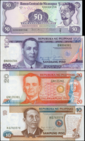 各國鈔票一組共47枚,或有重複,國家包括有:尼加拉瓜.菲律賓.南斯拉夫.義大利.莫三比克.烏拉圭.厄瓜多.斯洛維尼亞.委內瑞拉.智利.柬埔寨.尼泊爾.朝鮮等,除朝鮮三枚多皺褶約75-80新外,其餘約95-全新