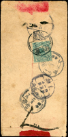 1915年河北寄山西紅條封,背貼北京一版帆船3分1枚,銷直隸郭莊鎮四年二月十三腰框戳,旁銷直隸正定府四年二月十四,太原府四年二月十六,山西文水縣四年二月十七到達戳(Page 48)