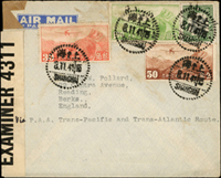 1941年上海寄英國航空檢查封,貼香港版航空3角.5角.1元各1枚,國父像紐約版10元1枚,銷上海41.11.8中英戳,封口貼檢查封條;林茂興舊藏(Page 59)