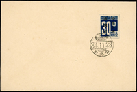 1945年台北郵局首日封,貼日郵數字加蓋中華民國臺灣省30錢一枚,蓋銷台北州/台北34.11.28首日櫛型戳  註:30錢郵票發行首日(Page 82)