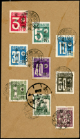 1946年台北寄上海航空封,背貼日郵數字加蓋中華民國臺灣省9全,銷台北川端町35.10.21小型櫛型戳,上海十月卄一到戳  註:『川端町』為臺灣日治時期臺北市之行政區,位於市區南端,瀕臨新店溪處,是當時台北近郊的遊憩場所。該町因位在川端(河邊、河岸之意)而得名。戰後劃入古亭區,範圍約為今臺北市中正區的汀州路二段,廈門街,同安街,金門街一帶。(Page 86)