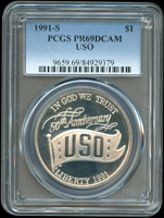美國(AMERICA)1991年(USO)聯合勞軍組織50周年ONE DOLLAR紀念銀幣,S記,重26.73克,PCGS PR69 DCAM(Page 41)
