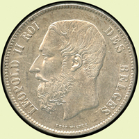 比利時(BELGIUM)1871年利奧波德二世 5 F銀幣,重25克,XF;Krause KM# 24(Page 41)