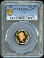 英國(GREAT BRITAIN)1988年伊莉莎白二世Half Sovereign精制紀念(22K)金幣,背面聖喬治屠龍圖,重3.99克,PCGS PR68DCAM 金盾(Page 42)
