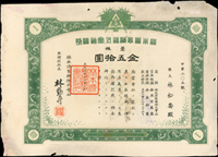 日治時期紙雜文獻,均為實用品:(1)明治45年(1912年)基隆輕鐵株式會社株券金五百圓,右上角貼日本收入印紙3錢1枚銷印,92新;(2)大正3年(1914年)林本源製糖株式會社株券金五拾圓,邊緣微損,79新;(3)大正11年(1922年)大全興業株式會社證券金五百圓,右上及左下摺痕,85新;(4)昭和20年(1945年)歲出金支拂通知書,貼日本收入印紙加蓋支那5錢1枚銷印(Page 79)