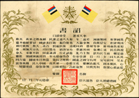 康德元年(1934年)滿州國皇帝《詔書》(52.8*37.5cm)一件,內容為:大同3年(1934年)3月1日溥儀在首都新京(今長春)南郊杏花村舉行登基典禮,正式即位為滿洲國皇帝,隨即頒佈詔書,此次即位標誌著滿洲國從執政體制轉變為「帝國」體制,年號隨即由「大同」改為「康德」元年(Page 94)